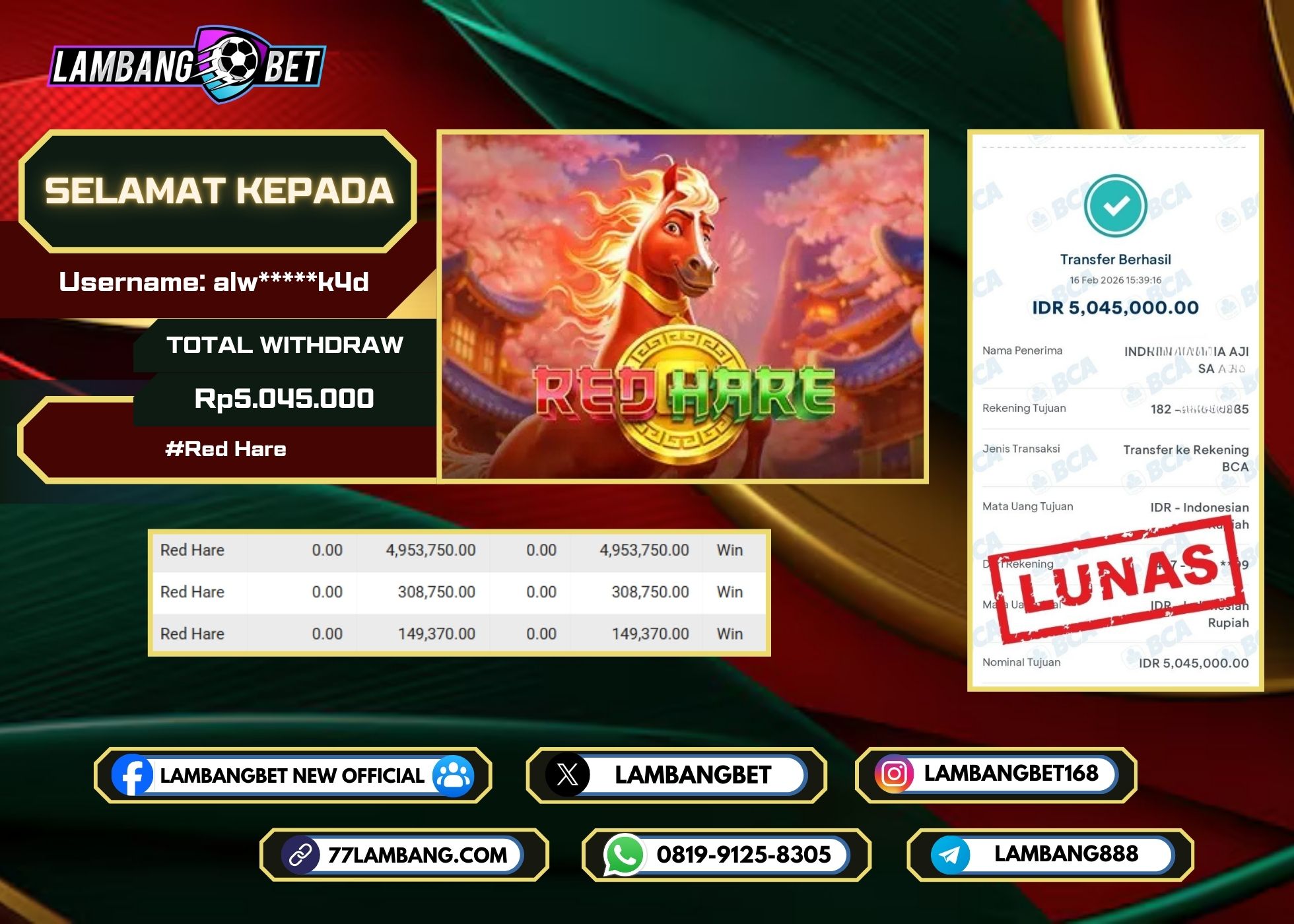 LAMBANGBET [16 FEBRUARI 2026] JACKPOT SLOT Red Hare "Rp5.045.000" LUNAS